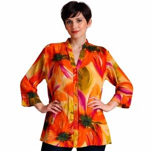 Jams World Blouse Size Small Orange Colorful Multicolor Print Rayon 3/4 Sleeve
